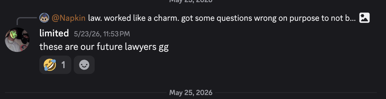 limited replying to Napkin: “these are our future lawyers gg”