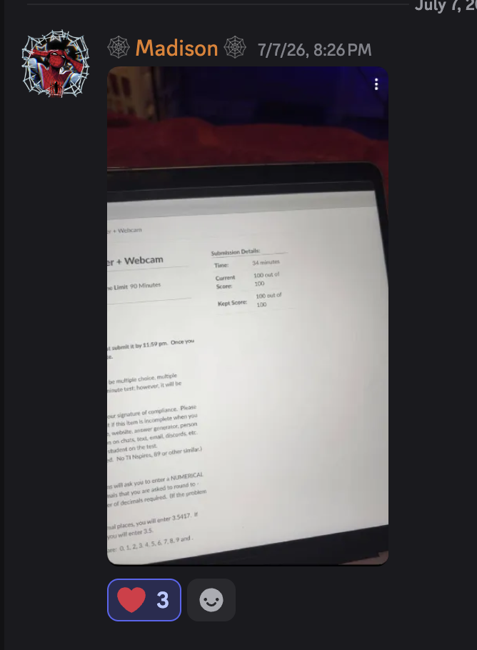 Madison: webcam-monitored exam — Time 34 minutes, Current Score 100 out of 100