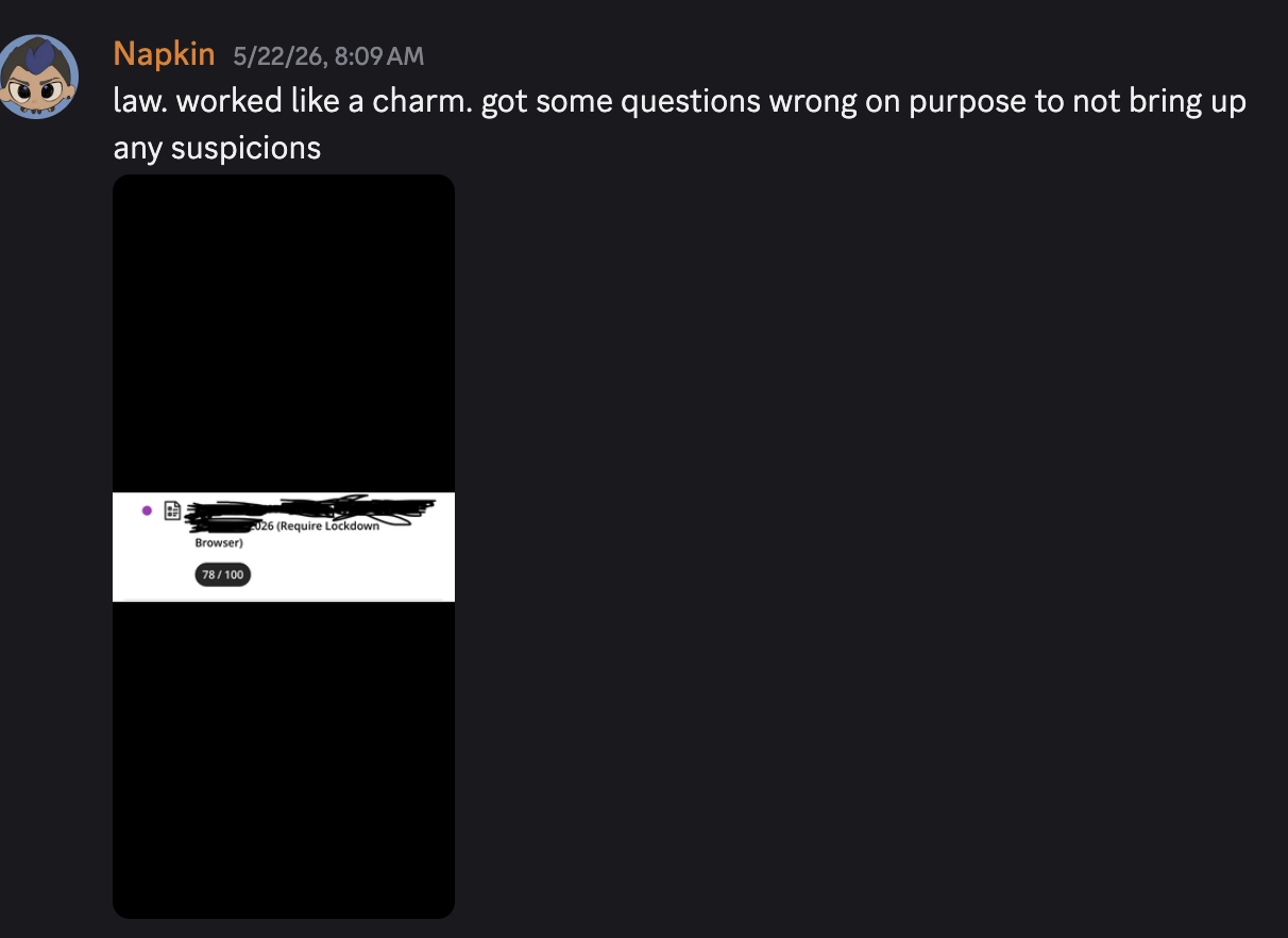 Napkin: “law. worked like a charm. got some questions wrong on purpose” — 78 / 100 (Requires LockDown Browser)