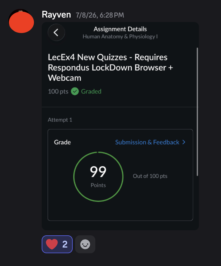 Rayven: Human Anatomy & Physiology I, LecEx4 — Requires Respondus LockDown Browser + Webcam — 99 / 100, Graded