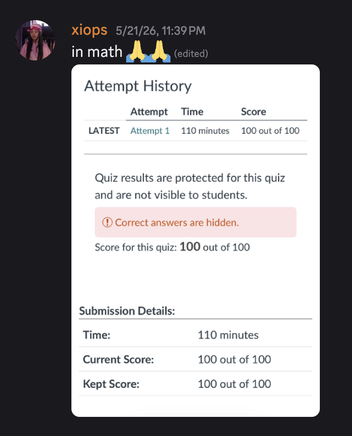 xiops: “in math 🙏🙏” — Attempt 1, 100 out of 100, correct answers hidden
